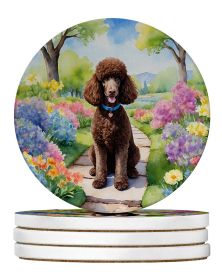 Chocolate Poodle Spring Path Large Sandstone Coasters Pack of 4 Absorbent Round Coasters Decor Gifts for Men or Women, 4 in, Multicolor