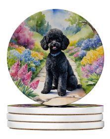 Black Poodle Spring Path Large Sandstone Coasters Pack of 4 Absorbent Round Coasters Decor Gifts for Men or Women, 4 in, Multicolor