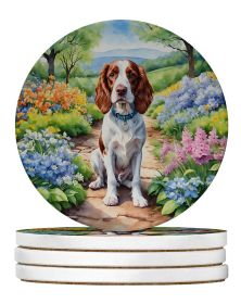Welsh Springer Spaniel Spring Path Large Sandstone Coasters Pack of 4 Absorbent Round Coasters Decor Gifts for Men or Women, 4 in, Multicolor
