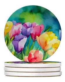 Freesias in Watercolor Large Sandstone Coasters Pack of 4 Absorbent Round Coasters Decor Gifts for Men or Women, 4 in, Multicolor
