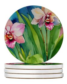 Orchids in Watercolor Large Sandstone Coasters Pack of 4 Absorbent Round Coasters Decor Gifts for Men or Women, 4 in, Multicolor