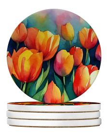 Tulips in Watercolor Large Sandstone Coasters Pack of 4 Absorbent Round Coasters Decor Gifts for Men or Women, 4 in, Multicolor