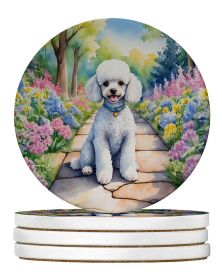 White Poodle Spring Path Large Sandstone Coasters Pack of 4 Absorbent Round Coasters Decor Gifts for Men or Women, 4 in, Multicolor (Default: Default)