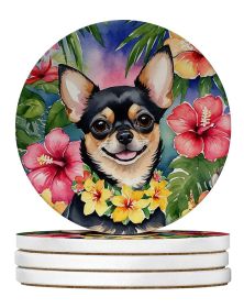 Chihuahua Luau Large Sandstone Coasters Pack of 4 Absorbent Round Coasters Decor Gifts for Men or Women, 4 in, Multicolor (Default: Default)